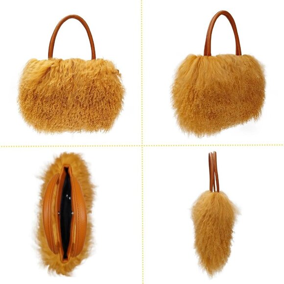 Women Luxury Real Lamb/Mongolian Flush Wool Fur With Genuine Leather Handles Han - Picture 4 of 7